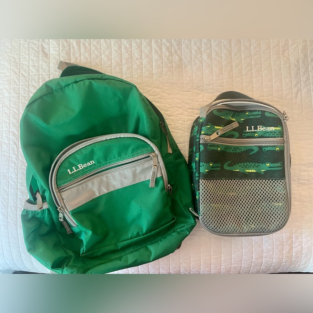 LL Bean green small backpack and lunch box